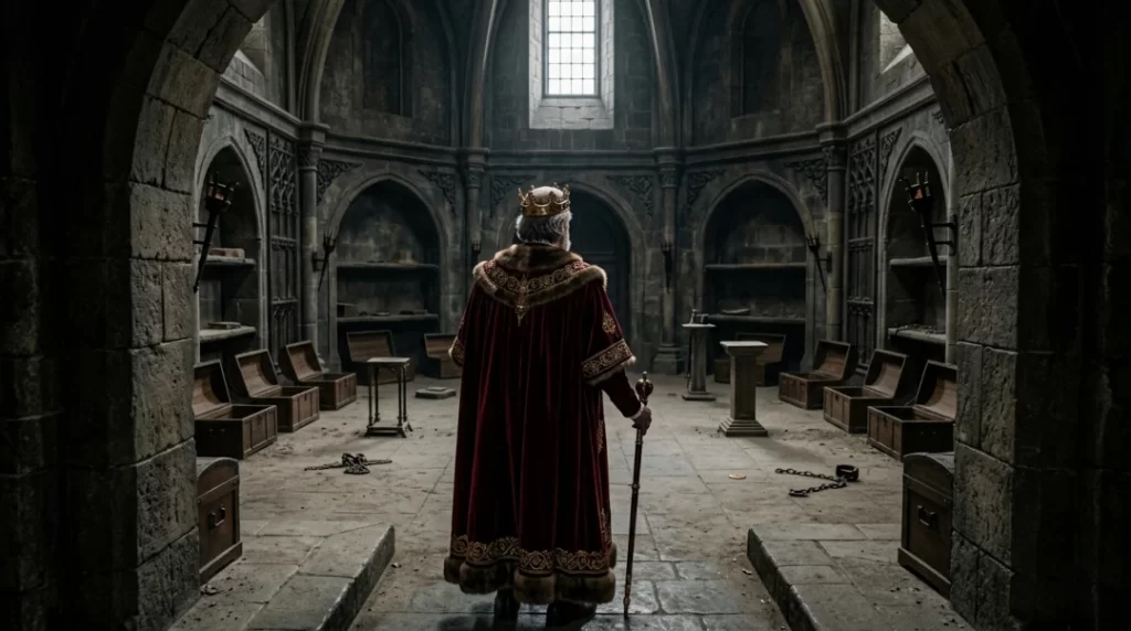 A king looks into empty treasure room